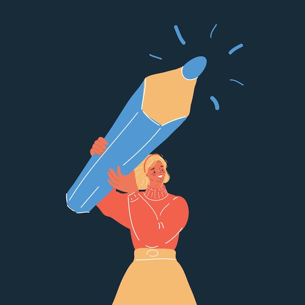 Cartoon vector illustration of woman holding a big pencil on dark backround