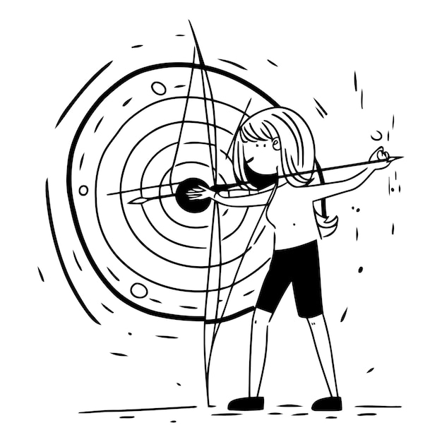 Cartoon vector illustration of a woman practicing archery with a target