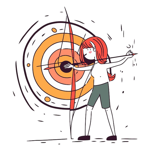 Cartoon vector illustration of a woman practicing archery with a target