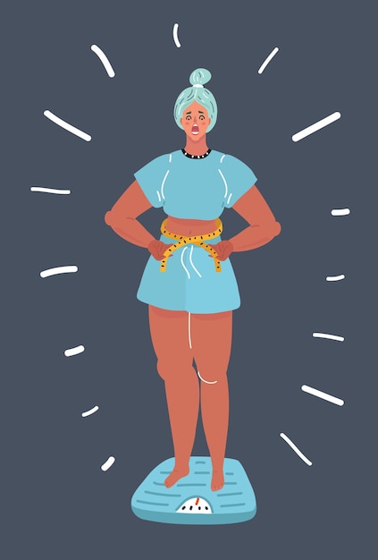 Vector cartoon vector illustration of woman standing on scale and measures her waist on dark background