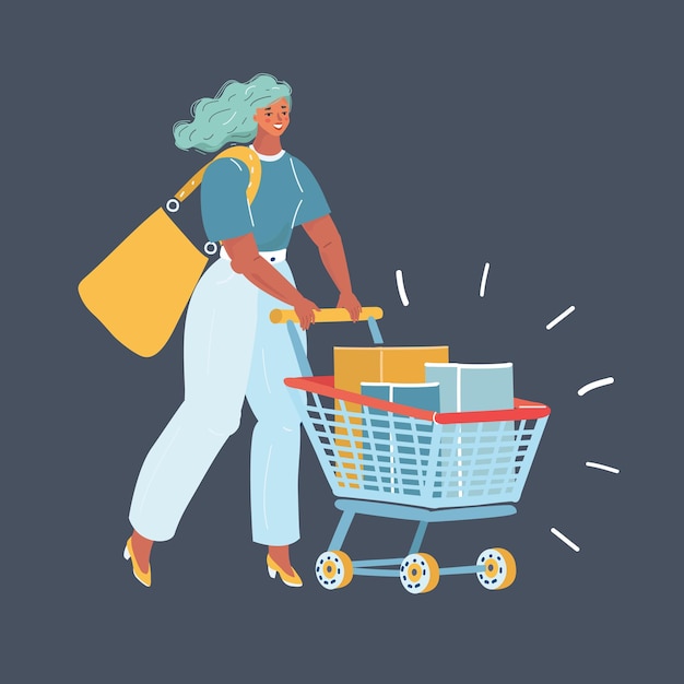 Cartoon vector illustration of a woman in supermarket with shopping cart on dark background