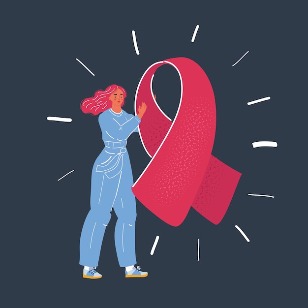 Cartoon vector illustration of woman with big Ribbon of Breast Cancer on dark background