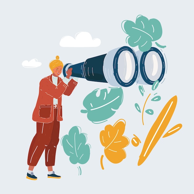 Vector cartoon vector illustration of woman with her huge binoculars on white