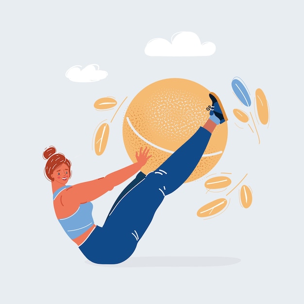 Cartoon vector illustration of woman with a pilates ball