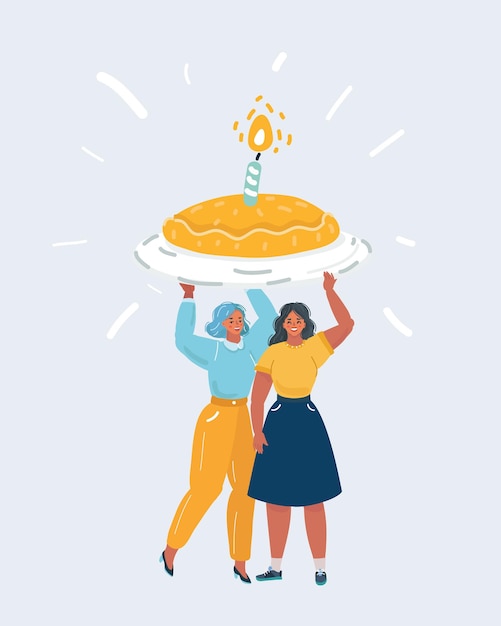 Vettore illustrazione vettoriale cartoon di donne e una grande torta con candela festa di compleanno personaggi umani su bianco