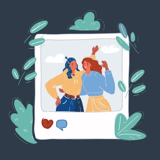Cartoon vector illustration of women hug together on photo in social media Selfie happy people in dark backround