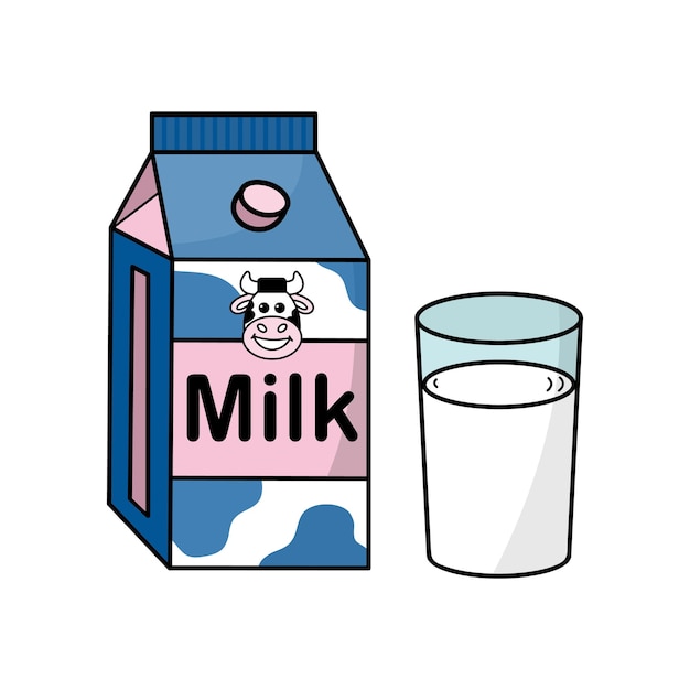 Vector cartoon vector milk illustration leuke melk doos cartoon tekening met een glas melk