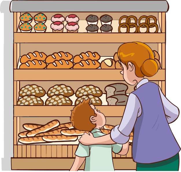 cartoon vector of mother and son buying bread at the bakery cartoon vector