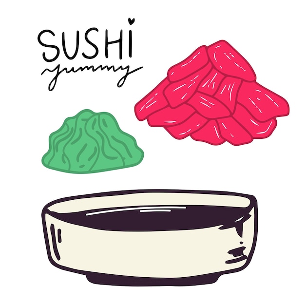 cartoon vector object soy sauce plate pickled ginger wasabi for sushi