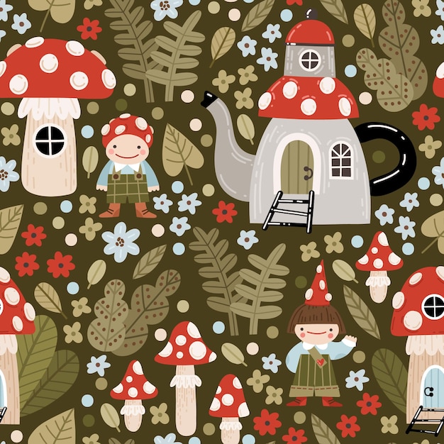 Cartoon vector patroon met sprookjeshuizen vliegenzwam bos planten paddestoelen en kabouters