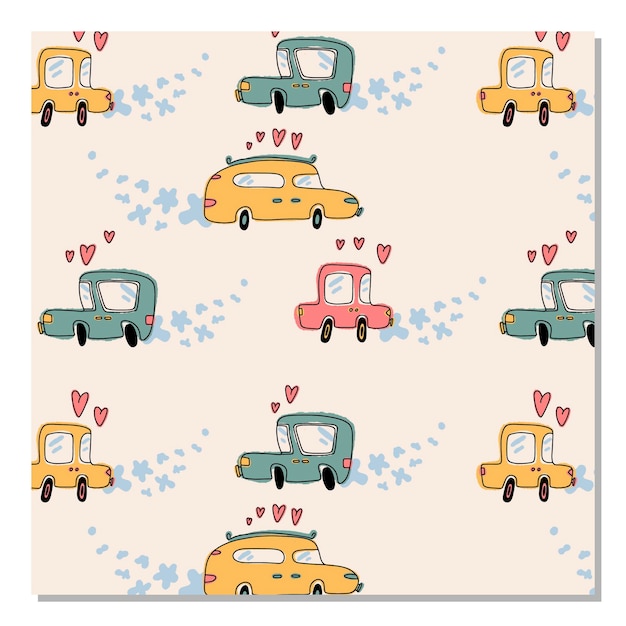 Cartoon vector pattern with cute cars and hearts Print for kids