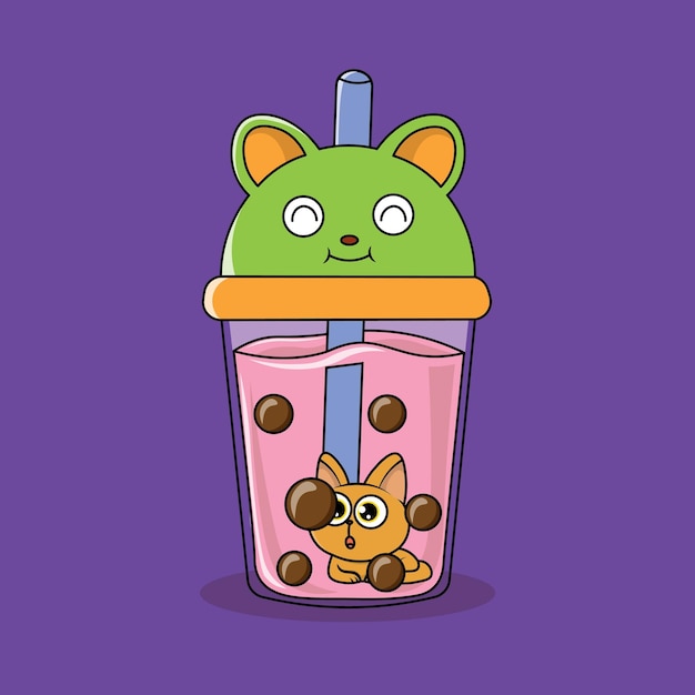 Vector cartoon vector pink boba with cat