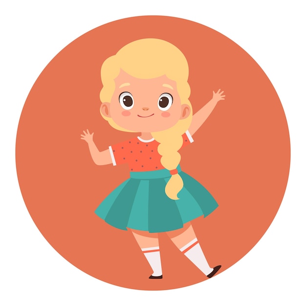Cartoon vector portret in volle groei van een klein meisje dat staat en met de hand zwaait?