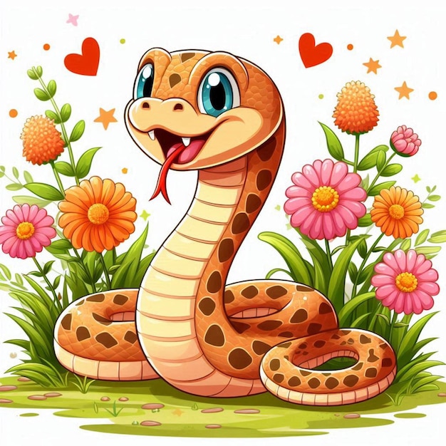 Vector a cartoon vector of rattlesnake sitting in the grass with flowers