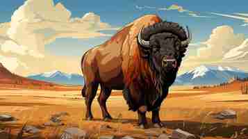 Vector cartoon vector scene buffalo on white background