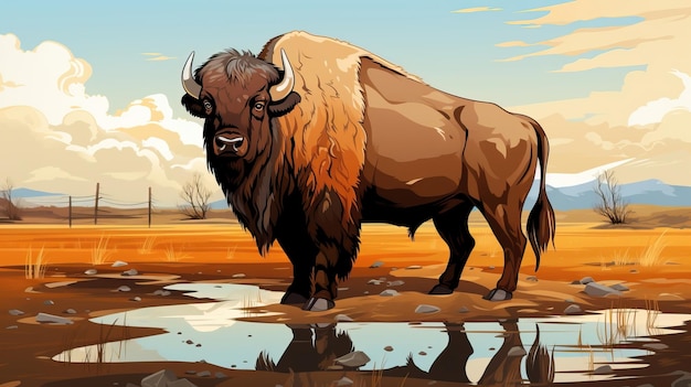 Vector cartoon vector scene buffalo on white background