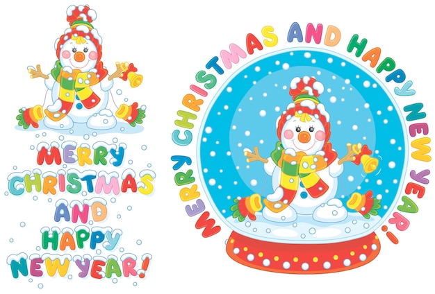 Cartoon vector set of Christmas and New Year greeting cards with a happy little snowman