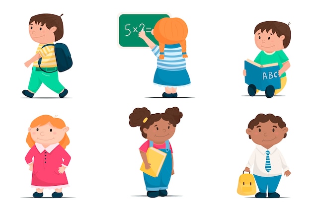 Cartoon vector set of cute children, school kids going back to school.