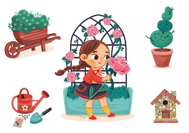 Cartoon vettore impostato sul tema del giardinaggio con un contenuto di una bambina.