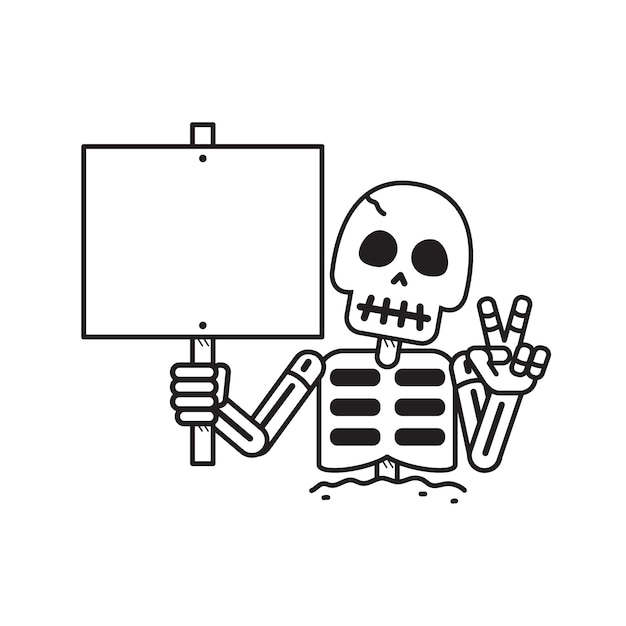 Cartoon vector skeleton with sign