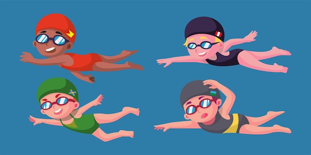 Vettore nuotatore di vettore del fumetto. vari personaggi di nuotatori in pose d'azione.