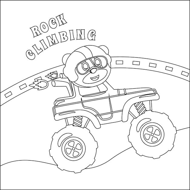 Cartoon vector van monstertruck met kleine dierenbestuurder kleurboek of pagina