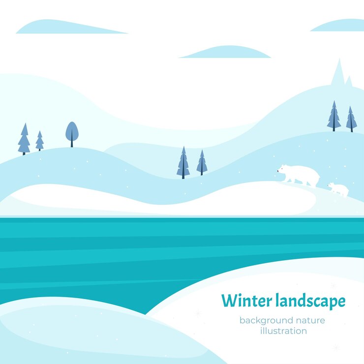 Vector cartoon vector winter nature landscape with river trees mountains and white bears