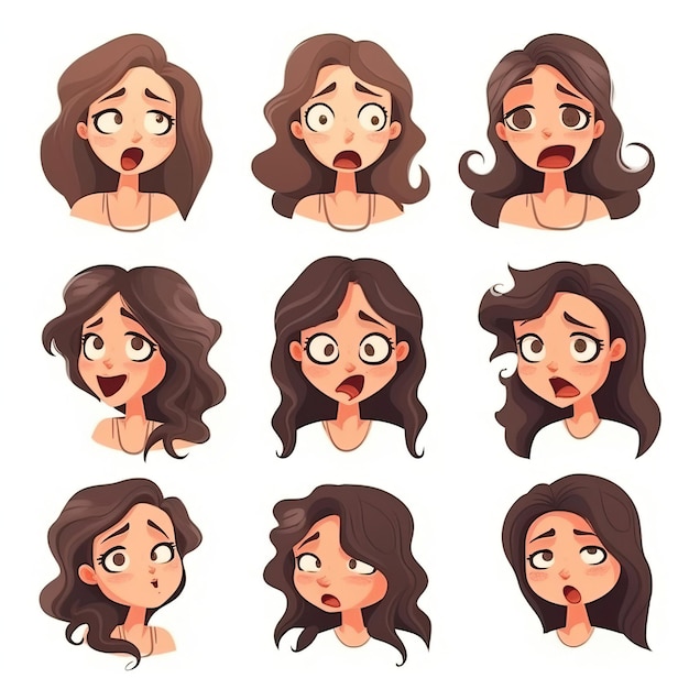 Vettore vettore di cartoni animati espressioni facciali di donne su sfondo bianco