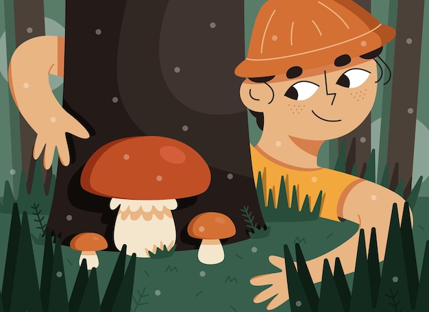 Cartoon vectorillustratie De jongen plukt paddenstoelen in het bos