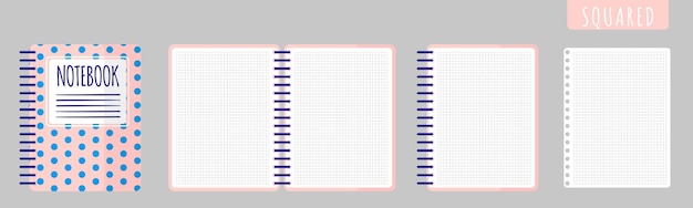 Cartoon vectorillustratie met sqared notebook, notitieblok openen en blanco vellen op witte achtergrond.