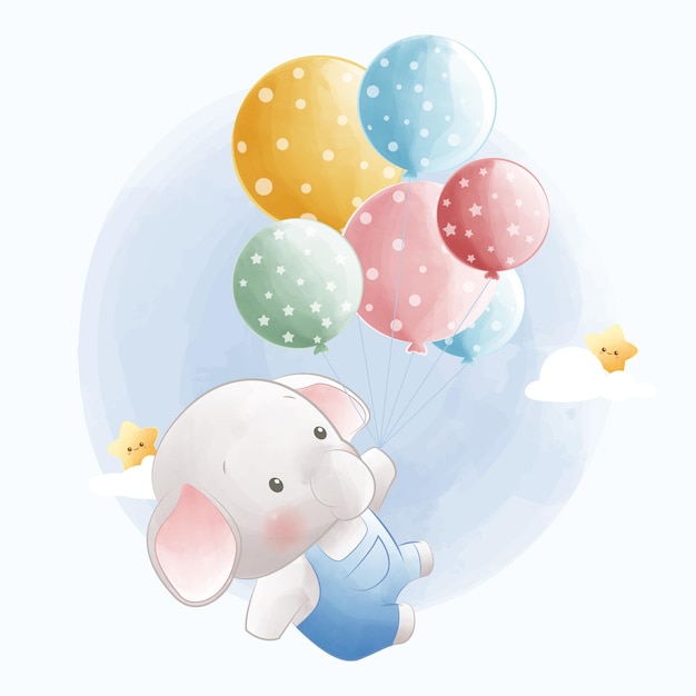 Cartoon vectorillustratie Schattige kleine olifant vliegen met ballonnen