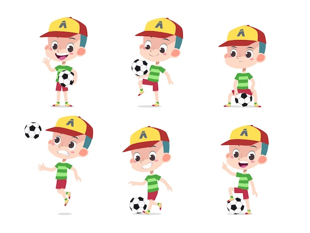 Cartoon vectorillustratie van een jongen die voetbal speelt voetbal in vele poses geschikt voor sport thema kinderen illustratie