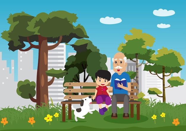 Cartoon vectorillustratie van een kleine jongen zitten met grootvader en zijn hondje in het park
