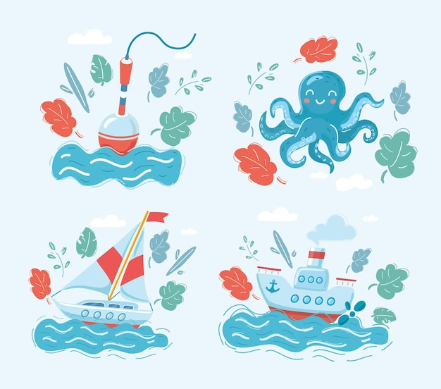 Cartoon vectorillustratie van een set cartoon zeedieren en object geïsoleerd op een witte achtergrond Float octopus zeilboot stoomboot op donker op wit