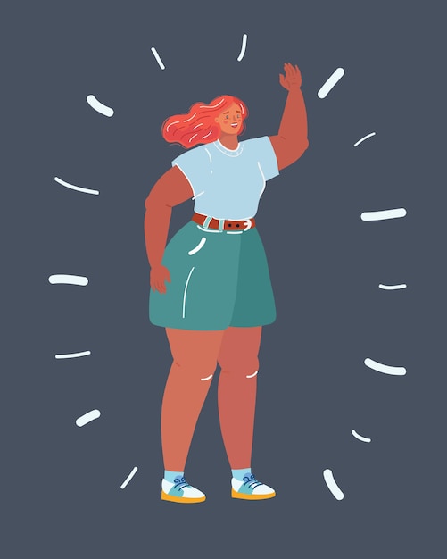 Cartoon vectorillustratie van Happy plus size meisje. lichaam positief concept. Aantrekkelijke overgewicht vrouw. Vrouwelijk karakter op donkere achtergrond.