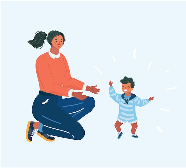 Cartoon vectorillustratie van moeder speelt met haar baby op witte achtergrond Peuter zoon probeert te lopen