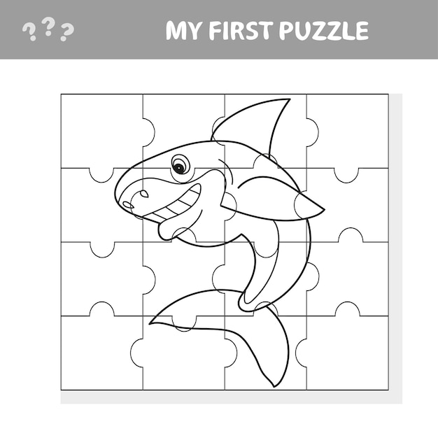 Cartoon vectorillustratie van onderwijs puzzelspel voor kleuters met grappige Shark Fish Animal - mijn eerste puzzel en kleurboek