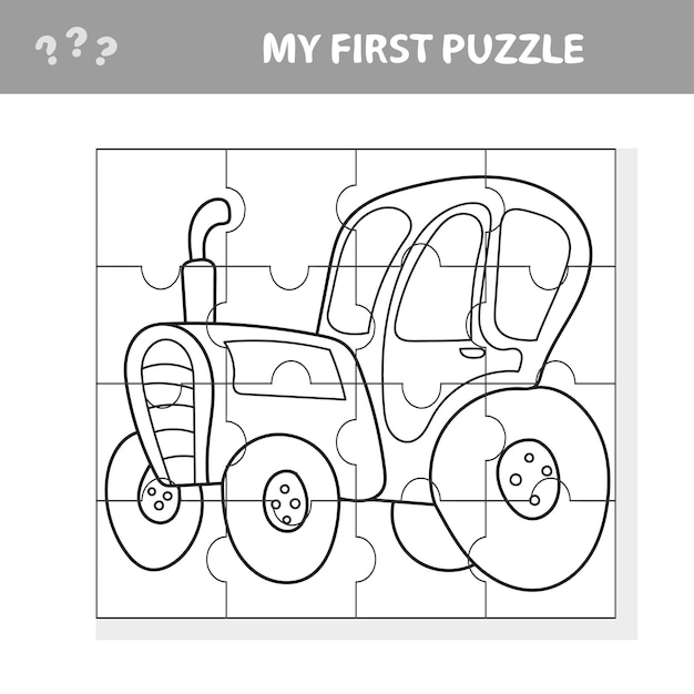 Cartoon vectorillustratie van onderwijs puzzelspel voor kleuters met grappige tractor machine karakter - mijn eerste puzzel en kleurboek