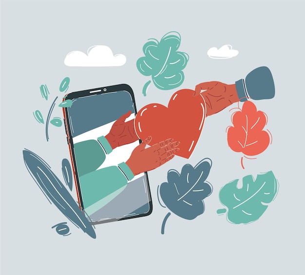 Cartoon vectorillustratie van scherm met rood hart met smartphone op wit