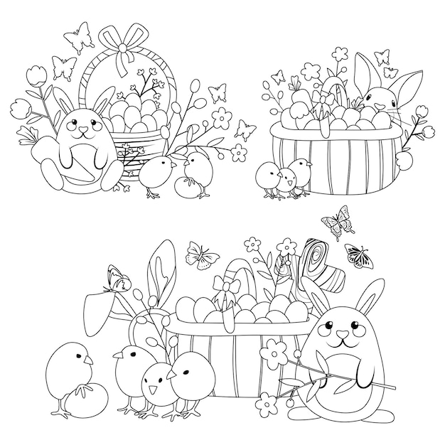 Cartoon vectorillustraties voor paasvakantie schattige cartoon bunny ei mand zwart en wit