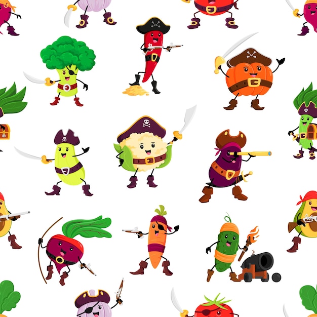 Cartoon vegetable pirates seamless pattern background vector corsair characters Funny broccoli captain and pumpkin in tricorne hat with Jolly Roger flag Caribbean pirate spinach carrot and avocado