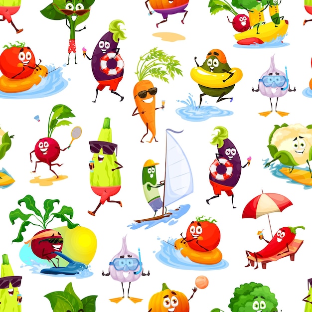 Cartoon vegetables on beach seamless pattern