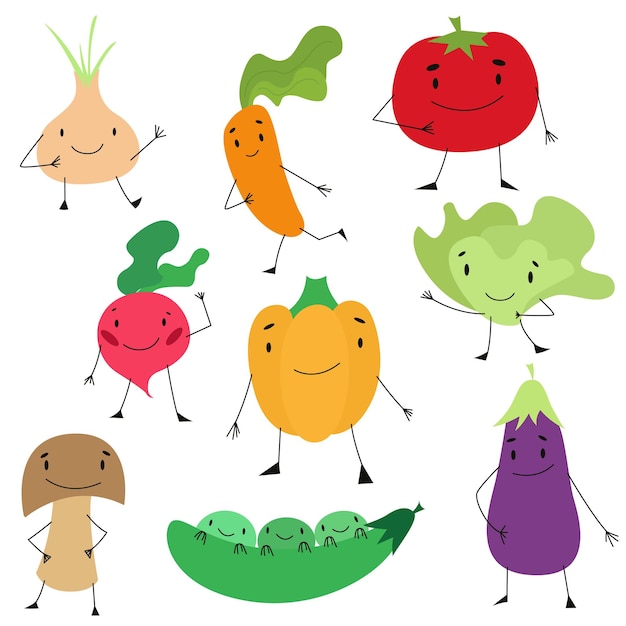 Cartoon vegetables characters collection set of vector veggies vector illustration