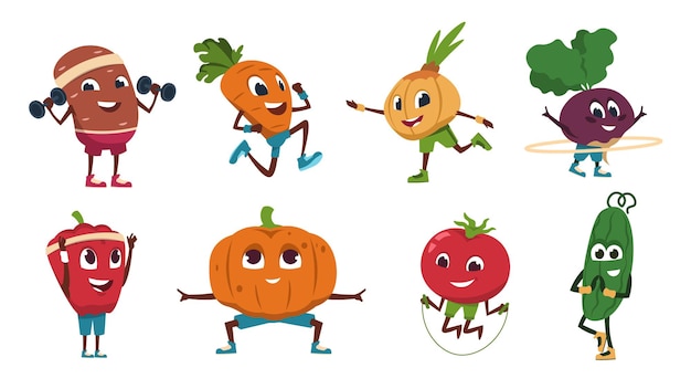 Cartoon vegetables exercises. healthy food characters doing fitness activities and sport workout