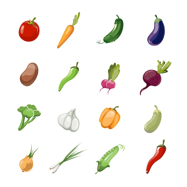 Vettore di verdure del fumetto. insieme di verdure delle icone a colori lo stile, illustrazione di vegetab vegetariano