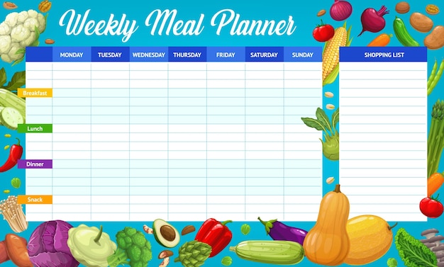 Vector cartoon vegetables weekly meal planner schedule