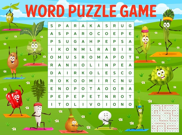 Cartoon vegetables in yoga poses word search game