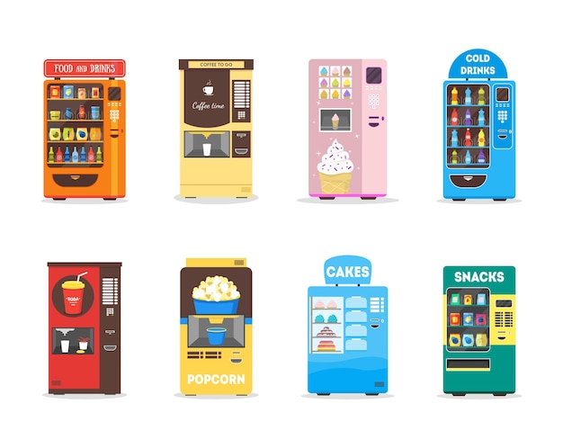 Set di distributori automatici di cartoni animati con bevande alimentari, snack, popcorn e gelati in vendita, stile design piatto isolato su sfondo bianco, illustrazione vettoriale