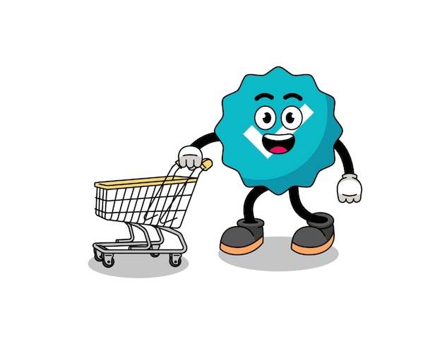 Cartoon of verified sign holding a shopping trolley character design