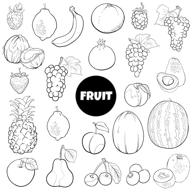 Cartoon vers fruit eten objecten instellen kleurplaat